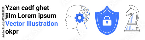 Artificial intelligence, cybersecurity, digital strategy, data protection, technology development, decision-making. Human head with gears, shield lock and chess knight. Artificial intelligence