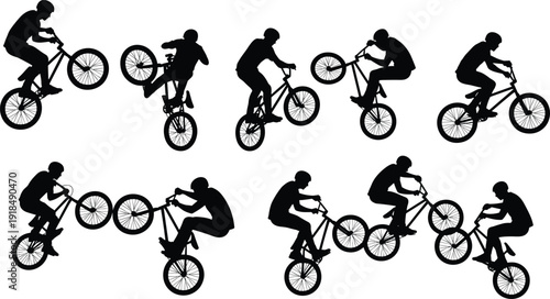 BMX Rider Silhouette Vector Set Showing Extreme Bicycle Tricks, Jumps and Stunts, Action Sports Cyclist Illustrations Isolated on White Background for Graphic Design