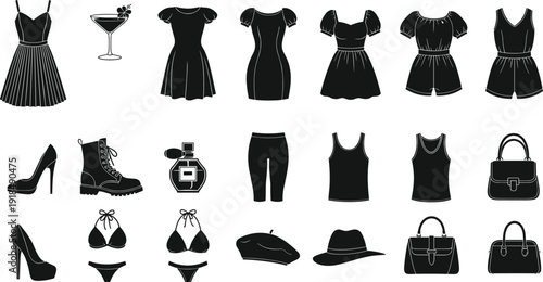 Black women's fashion silhouettes vector illustration set, dresses shoes handbags and accessories collection for elegant style branding, boutique design, retail catalogs