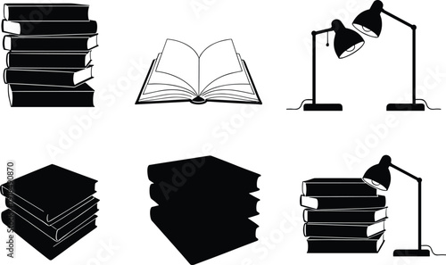 Books and Desk Lamps Vector Collection, Black and White Study Elements, Minimalist Academic Icons, Reading and Education Essentials for Library and Workspace Design