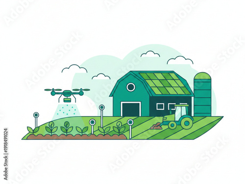 Smart Agriculture Concept with Autonomous Drone, Solar Powered Farm, and IoT Sensors for Sustainable Precision Farming.