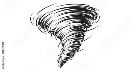 A swirling black tornado illustration with dynamic lines on white background conveying intense weather and natural disaster concepts
