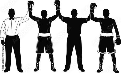 Boxing referee raising winner hand silhouette vector illustration, champion fighter celebrating victory with sports official, isolated on white background for competition design.