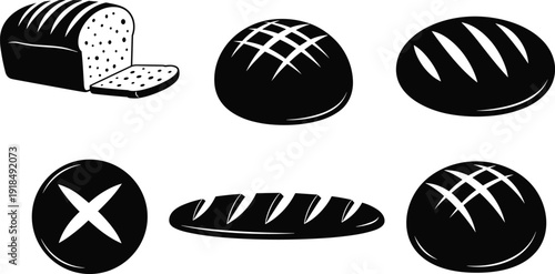 Bread bakery icons vector illustration set with loaf buns and rolls, black silhouette symbols for baking, food menu, artisan bread design