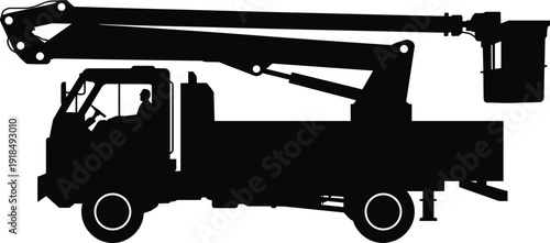 Bucket truck silhouette with worker, utility service vehicle vector illustration, maintenance equipment for electrical repair, construction, power line service and industrial work concept