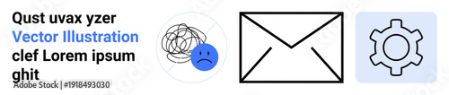 Sad face with tangled scribble symbolizing confusion, envelope for communication, gear for settings. Ideal for messaging error, troubleshooting, workflow, problem-solving, user guidance, app