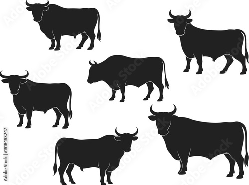 Bull silhouette vector, strong animal poses, black bull illustration, muscular livestock, horned cattle, farm animal art, aggressive stance, rural symbol