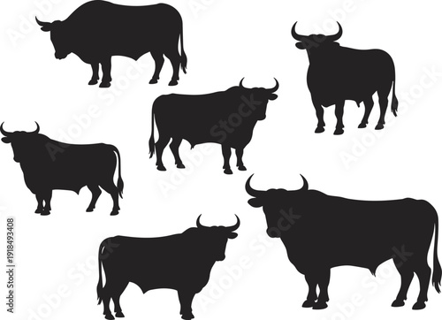 Bull silhouettes vector collection, black cattle illustration set, farm animal design, ox and livestock graphics, agriculture, ranch, beef farming, and animal art