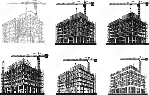 Building construction stages, crane working, architectural development, urban growth, structural engineering, scaffolding, city infrastructure, construction process, 