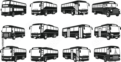 Bus silhouettes collection isolated on white background, city transport coaches and vintage buses in multiple views, black public transportation vector illustration set