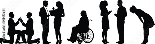 Business and relationship silhouettes showing proposal discussion greeting respect disagreement and wheelchair inclusion, diverse human interactions isolated on white background,