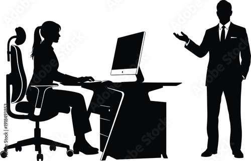 Business meeting silhouette vector illustration, man explaining strategy to woman working at computer, corporate teamwork communication concept, office management professional design