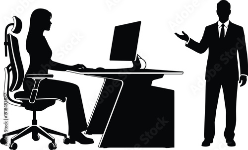 Business meeting silhouette with man presenting ideas to woman working at computer desk, office communication, professional consultation, teamwork discussion concept vector illustration