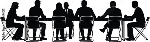Business meeting silhouette, group of professional people sitting at long table, rear view of conference or interview panel, black and white vector illustration