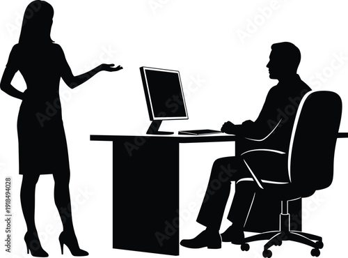 Business meeting silhouettes vector illustration, woman presenting idea to man at office desk, professional workplace discussion, black and white corporate scene isolated