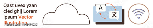Technology, cloud storage, digital communication, translation, wireless networks, global data. Cloud outline, translation sign wireless symbol. Technology and cloud storage concept