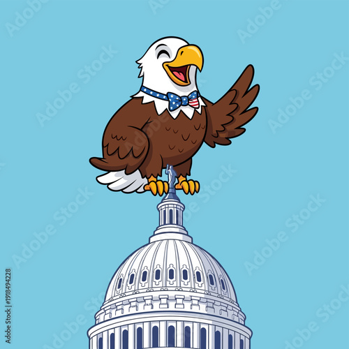 Cartoon Bald Eagle Mascot in USA Bow Tie Perched on Capitol Building Dome