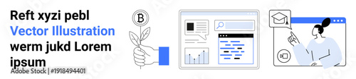 Blockchain technology, financial growth, data visualization, online education, digital communication, virtual interaction. A hand holding a sprouting coin, analytics dashboard, person engaging in