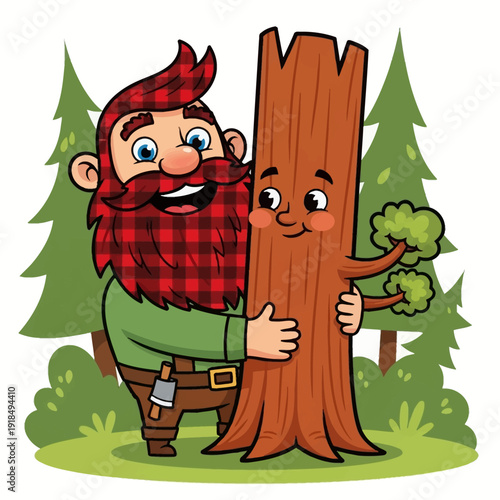 Smiling Lumberjack Hugs Friendly Tree Trunk Character - Conservation, Forestry, and Nature Love Cartoon Vector