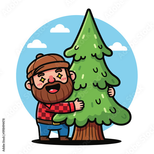 Happy Cartoon Woodsman Hugging a Pine Tree. Cute Bearded Lumberjack Embracing Nature, Environmental Conservation Mascot Illustration.