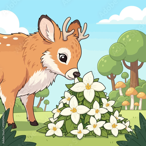 Adorable Cartoon Fawn Smelling White Flowers. Cute Baby Deer Wildlife Illustration in Spring Forest.