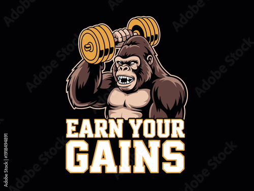 Powerful gorilla performing a heavy dumbbell curl above motivational text emphasizing physical.