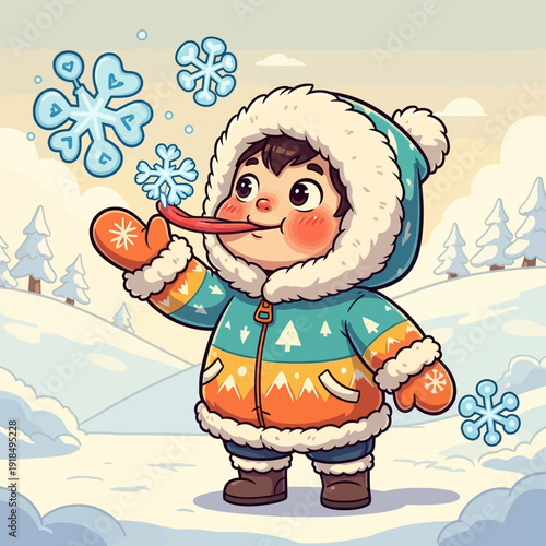 Adorable cartoon kid licking a falling snowflake with their tongue outdoors in a snowy winter landscape.