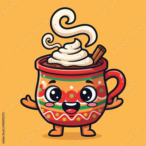 Cute Mexican Hot Chocolate Character Illustration with Whipped Cream and Cinnamon Stick