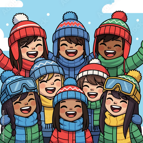 Diverse Group of Happy Kids in Winter Clothes. Cartoon illustration of smiling friends wearing colorful beanies and scarves outdoors in the snow.