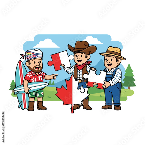 Diverse Canadian Characters (Surfer, Cowboy, Farmer) Assemble Maple Leaf Puzzle, Symbolizing National Unity and Regional Collaboration.