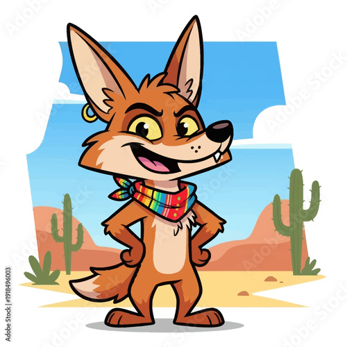 Desert Coyote Mascot Character Smiling, Wearing a Bandana in a Wild West Cartoon Landscape with Cacti.