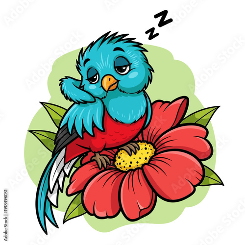 Cute Sleepy Cartoon Bird Illustration Resting on a Red Tropical Flower Vector
