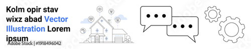 Home security, digital communication, technological processes, automation, system integration, smart home. House network with icons, chat bubbles gear icons. Home security and digital communication