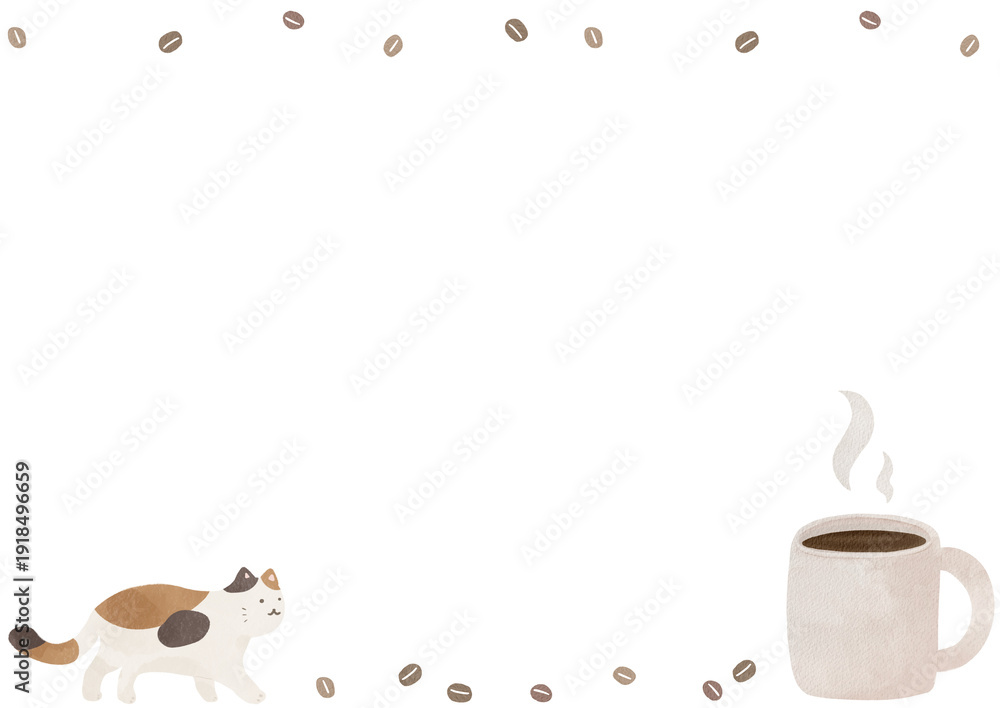 Obraz premium 水彩風のかわいい猫フレーム素材｜猫・動物・ペット・白背景・余白