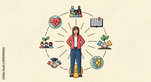 Woman surrounded by icons representing education growth and well being on a beige background
