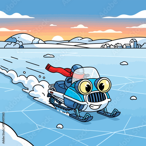Cute Cartoon Snowmobile Character Riding Fast in Snowy Winter Landscape, Fun Motorsport Adventure Vector Illustration.