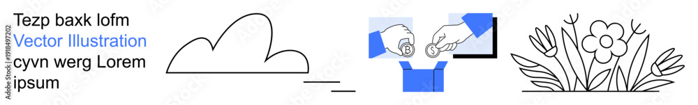 Naklejka premium Nature, environment, economy, savings, philanthropy, growth. A cloud outline, hands adding coins to a box and a flower garden. Nature and economy concepts together