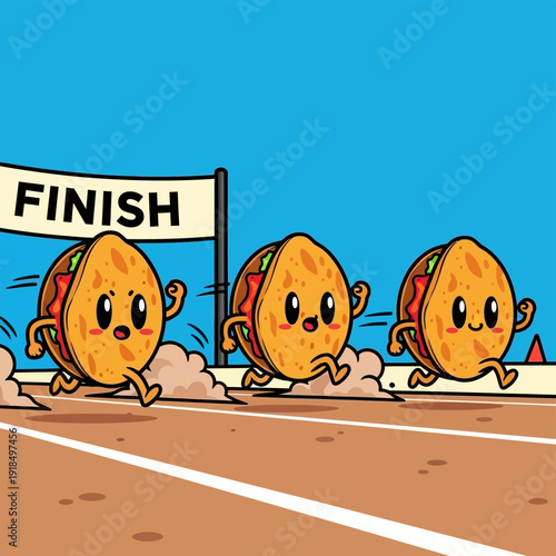 Three Cute Cartoon Tacos Sprinting in a Race to the Finish Line Banner - Hilarious Mexican Food Mascot Competition.