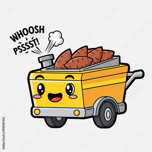 Cute Kawaii Steamed Sweet Potato Food Cart Mascot Illustration with Whoosh Pssst Sound Effects. Happy Street Vendor Wagon Character.