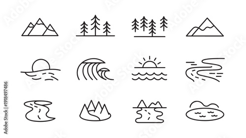Minimalist natural landscape environment mountain river tree icon set variations
