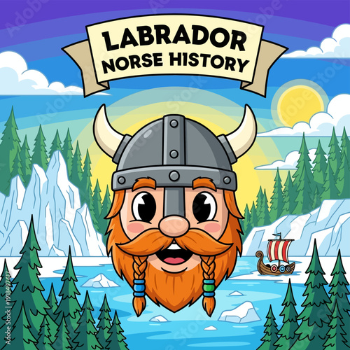 Cute Viking Mascot Character Illustration for Labrador Norse History and Exploration in Icy Northern Landscape with Drakkar Ship
