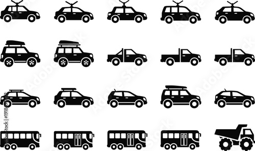 Black transport vehicle silhouettes vector illustration set, cars pickups buses and utility trucks collection for urban traffic design, logistics icons, and mobility graphics