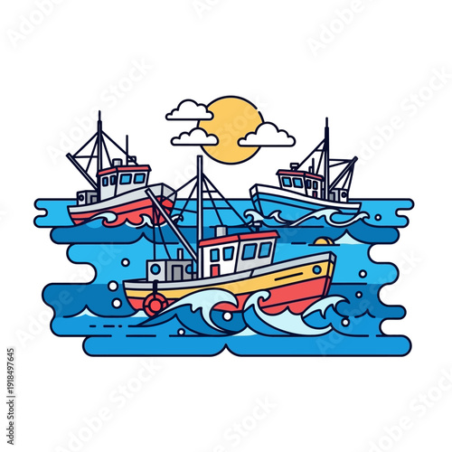 Commercial Fishing Boats Trawlers Fleet Monoline Illustration on Rough Sea Waves. Nautical Graphic Design Icon.