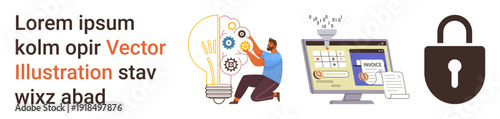 Innovation, design, cybersecurity, technology, data safety, online services. Person interacting with a light bulb, computer setup padlock icon. Digital innovation and cybersecurity concept