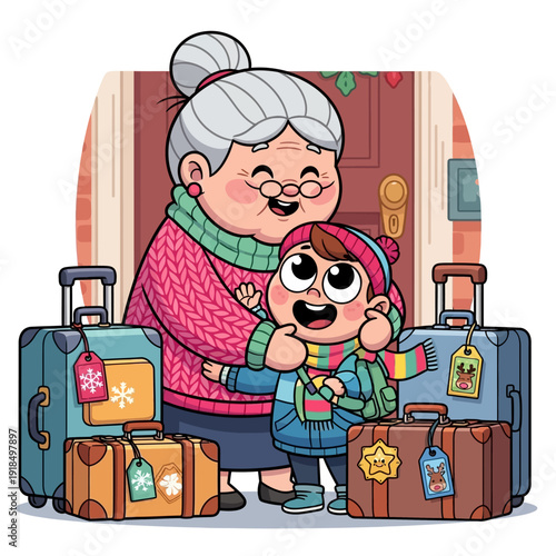 Happy Grandmother Hugs Grandchild Arriving for Christmas Holiday Visit. Cartoon of Family Winter Travel with Suitcases and Luggage.