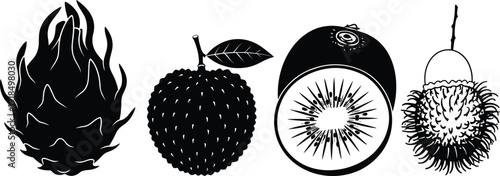 Black tropical fruit silhouette collection featuring dragon fruit, lychee, kiwi and rambutan, detailed vector illustration ideal for food design, packaging, branding, and digital artwork