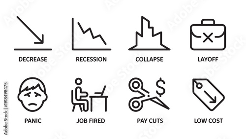 Minimalist economic downturn financial hardship icon set variations