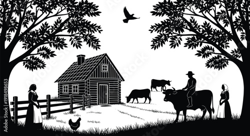 Black vector silhouette illustration of an 18th or 19th-century rural homestead scene featuring a log cabin, farmer riding a bull, grazing cows, and two women figures, 