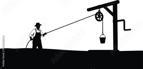 Black vector silhouette of a determined farmer in overalls and a hat using a long rope to draw a bucket of water from a well with a pulley system, traditional agriculture and rural labor concept.