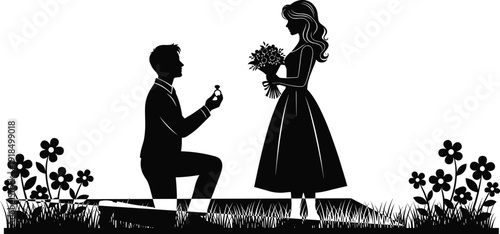 Black vector silhouette of a man proposing marriage to a woman kneeling down in a beautiful meadow, offering an engagement ring while she holds a bouquet of flowers, romantic love concept.